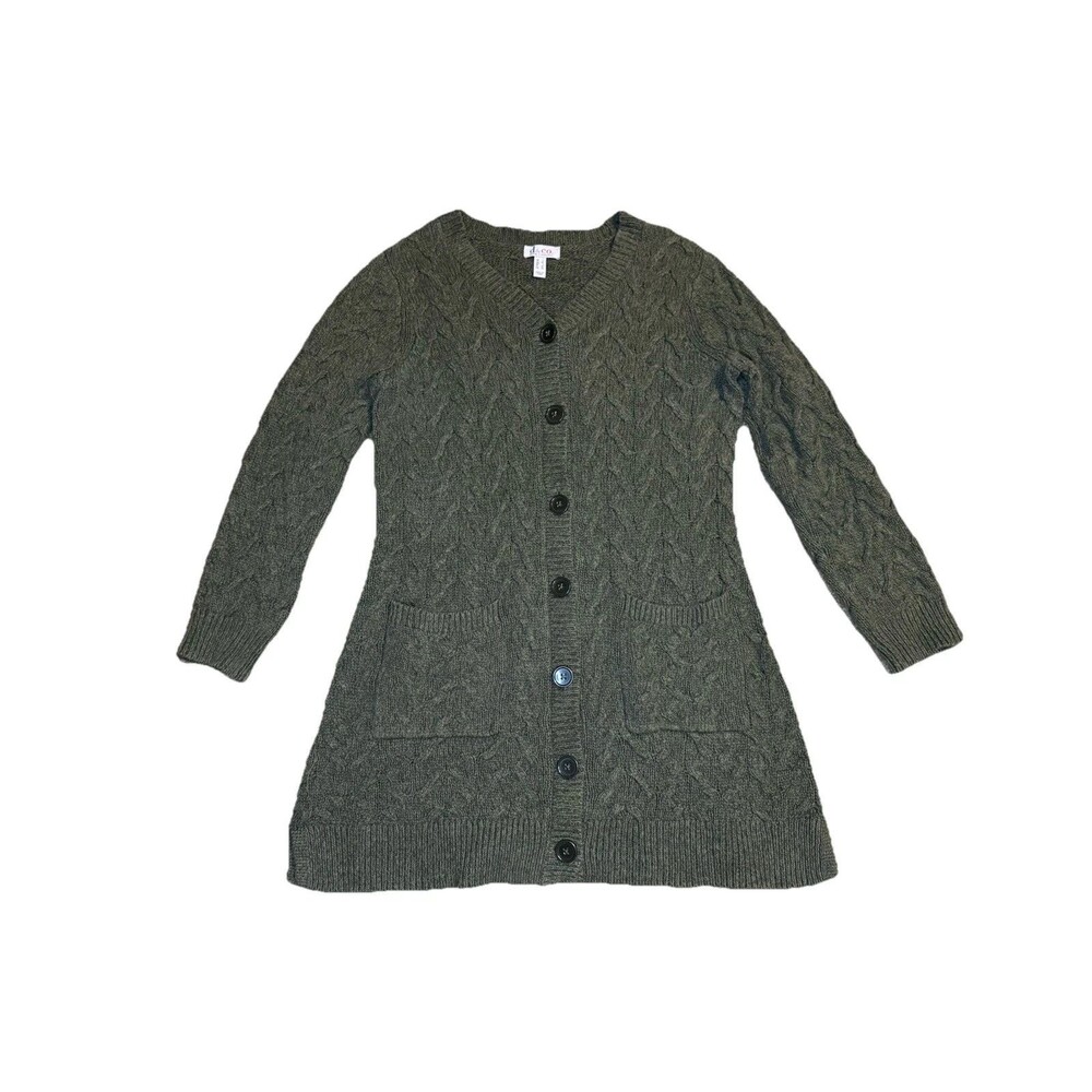 DENIM & CO Green Long Cable Knit Sweater Cardigan Tunic Pockets Chunky Outdoor L